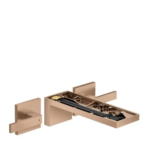 AXOR Waschtischarmatur in gebürstetem Rotgold mit 3-Loch-Installation für Wandmontage, inklusive Auslauf und Bedienelementen.